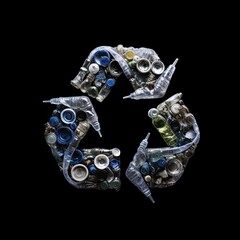 Recycling symbol consisting of plastic waste and bottles
