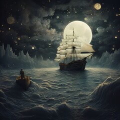 fantasy ship in the full moon night, fractal waves