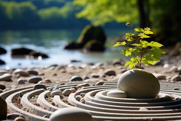 Fototapeta na wymiar Zen garden with rocks and sand patterns - stock photography