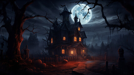 spooky haunted house at night for Halloween