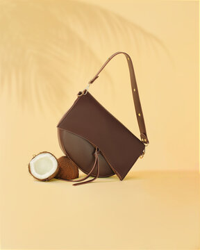 Brown leather hand bag with coconut under lapm shadow