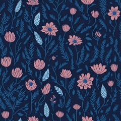 Seamless pattern with flowers and leaves on dark blue background.