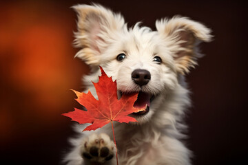 A cute dog in autumn holding a maple leaf in its mouth, at a park in autumn, banner with copy space