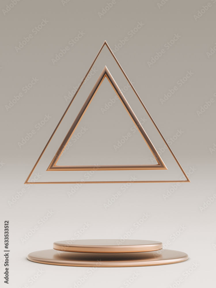 Poster minimal beige background with empty golden round podium and triangle elements. geometric shapes. 3d 