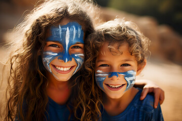 Happy children proudly display painted faces adorned with the Israeli flag, a simple yet powerful display of youthful patriotism and joy. Israel flag colors in face paint.