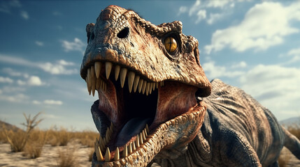 Dinosaur roars fiercely in the prehistoric landscape