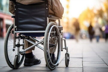 Obraz premium back view. a man is sitting in a wheelchair. support and assistance to a disabled person, a person with disabilities