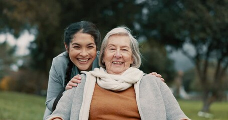 Senior woman, portrait and outdoor with caregiver, nurse or healthcare service for person with a disability and wheelchair. Happy, face and elderly lady in park with care and support in retirement