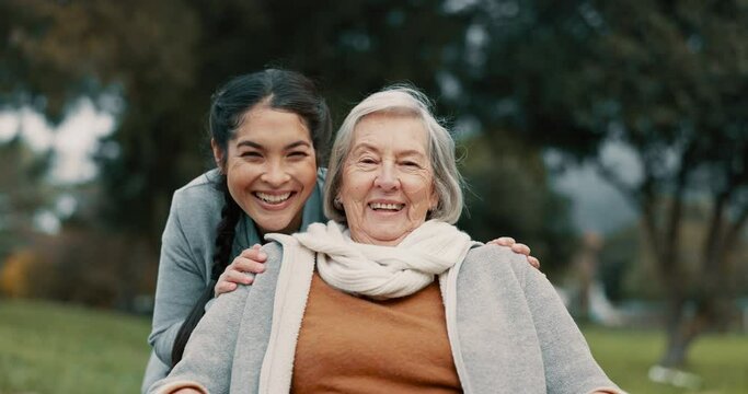 Senior woman, portrait and outdoor with caregiver, nurse or healthcare service for person with a disability and wheelchair. Happy, face and elderly lady in park with care and support in retirement