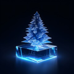 Christmas tree in the ice cube. Minimal, elegant concept. Fluorescent neon electric lights. Creative futuristic concept on dark background. 3D Illustration.