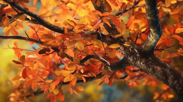 Leafy tree branch in vibrant autumn color