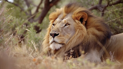 Obraz premium Majestic lion rests in Africa wilderness area background