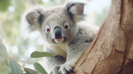 Marsupial koala cute fur close up outdoors looking tree background