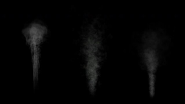 Video of 3 different rising smoke plumes or columns, 4k with alpha channel for transparent background
