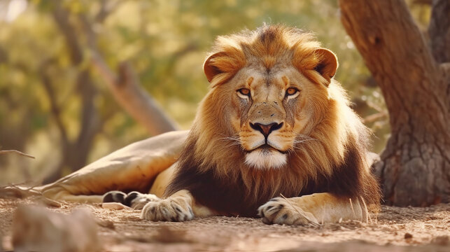 Majestic lion rests in Africa wilderness area background
