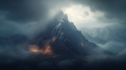 Mountain peak rises above dark spooky landscape background