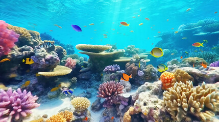 Fototapeta na wymiar Multi colored fish swimming in a vibrant coral reef background