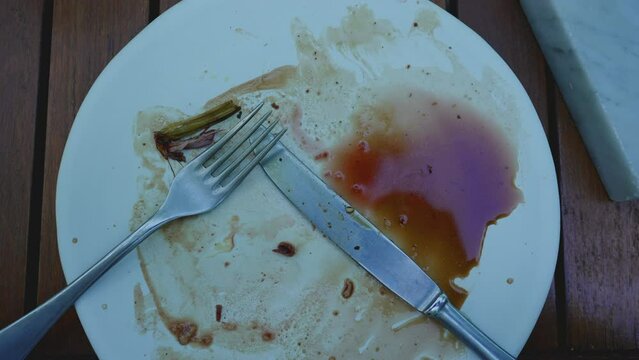 Completed Feast, Cleared Plate with Scattered Leftovers. Plate leftovers, finished food, dining aftermath