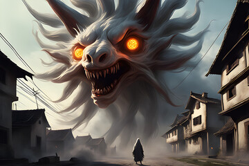 A huge monster with burning eyes and hair loose in all directions is looking down to attack the village. Among them, only one hero stands in the middle of the road to oppose him.