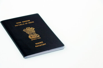 indian passport in close up with white background and space