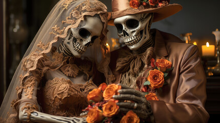 Obraz premium skeleton giving flowers to his girlfriend. Generative AI