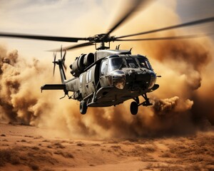 Military helicopter crosses dust and fire