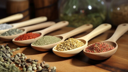 Spices and herbs in wooden spoon collection background