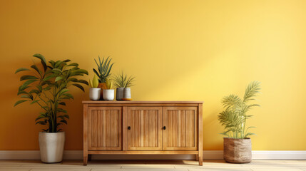 a wooden sideboard in a well-lit living room interior decoration ai generated