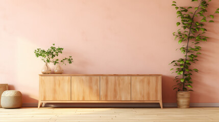 a wooden sideboard in a wide living room interior decor ai generated