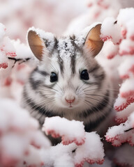 Hybrid hamster with zebra stripes. Hamster perfectly camouflaged in winter landscape. Cute exotic hamster. Generative AI