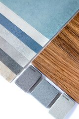 Close up combination of interior material containing set of artficial stone and wooden veneer...