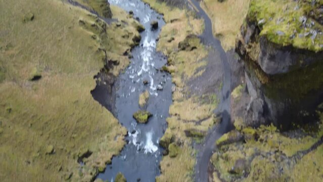 South Iceland, Kvernufoss waterfall, drone Aerial view, 