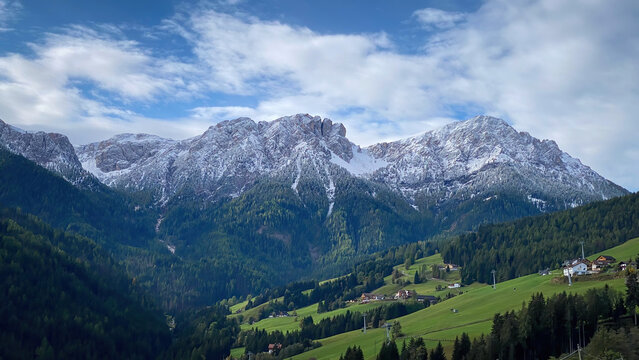 Panoramic view of snowcapped Piz da Peres in South Tyrol, Italy