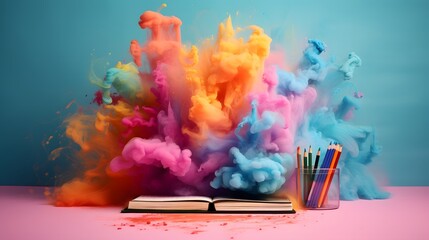 Opened school book and pencils with rainbow smoke bomb. Pack your books, the school bell rings, class begins.