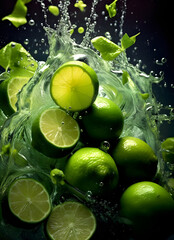 Water splash and lime slices on a dark background