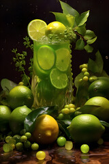 Glass of fresh lime drink with green grapes and mint, splash effect, cinematic food and cocktail photography. Generative AI