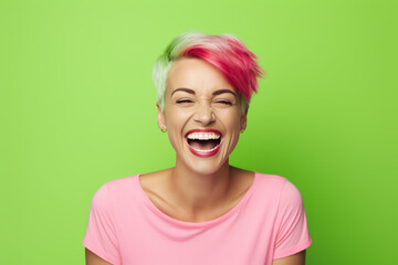 Minimal portrait of a young happy woman, laughing. Happines, emotions, friendship. AI generative, illustration.