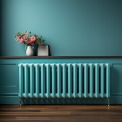 a teal blue  metal radiator with a wooden floor and teal wall, interior design, generative ai - obrazy, fototapety, plakaty