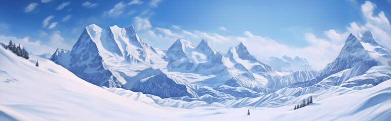 Winter landscape with snowy mountains, winter mountains panorama banner - obrazy, fototapety, plakaty