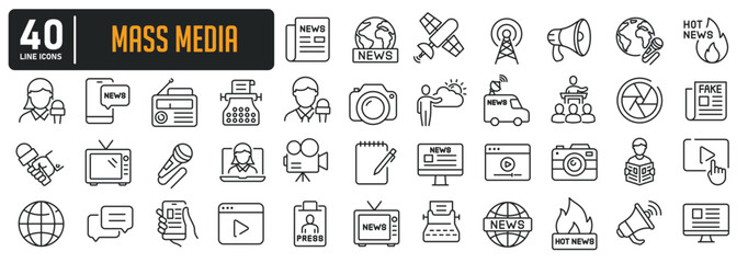 Mass media minimal thin line icons. Related news, press, newspaper, journalism. Editable stroke. Vector illustration.