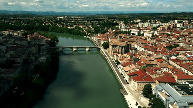 Aerial view of Romans-sur-Isere town ant the Isere River. Rhone-Alpes, France