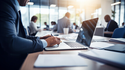 Employee diligently working at his desk, focused on writing important documents generative art