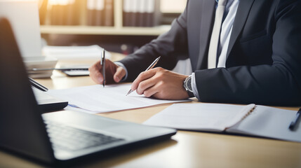 Employee diligently working at his desk, focused on writing important documents generative art