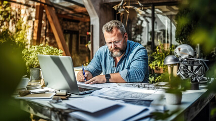 Businessman working with laptop and papers in home garden