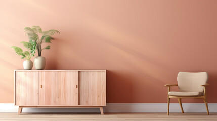bright living room interior design with a wooden sideboard ai generated