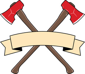 Crossed axe with banner emblem vector illustration. Axe   logo