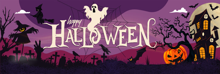 Happy Halloween party banner for October event, orange purple background and scary smiling pumpkin, white ghost, flying black bats, scarecrow, creepy witch. Halloween graveyard night. Trick or treat.