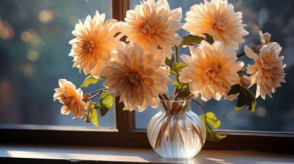 A bouquet of golden chrysanthemums in a vase on a windowsill. Generative AI. 