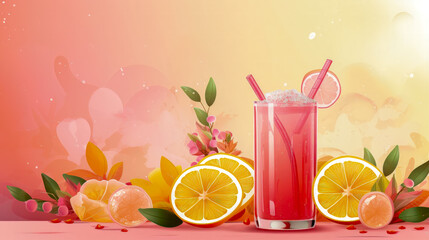Dreamy Summer Drink Ice Cold Pink Lemonade with Citrus Slices and Floral Decor AI Generated