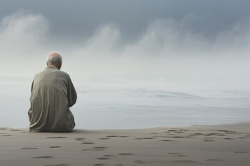 An elderly man sitting silently on a beach surrounded by grey sand and rolling waves of fog.